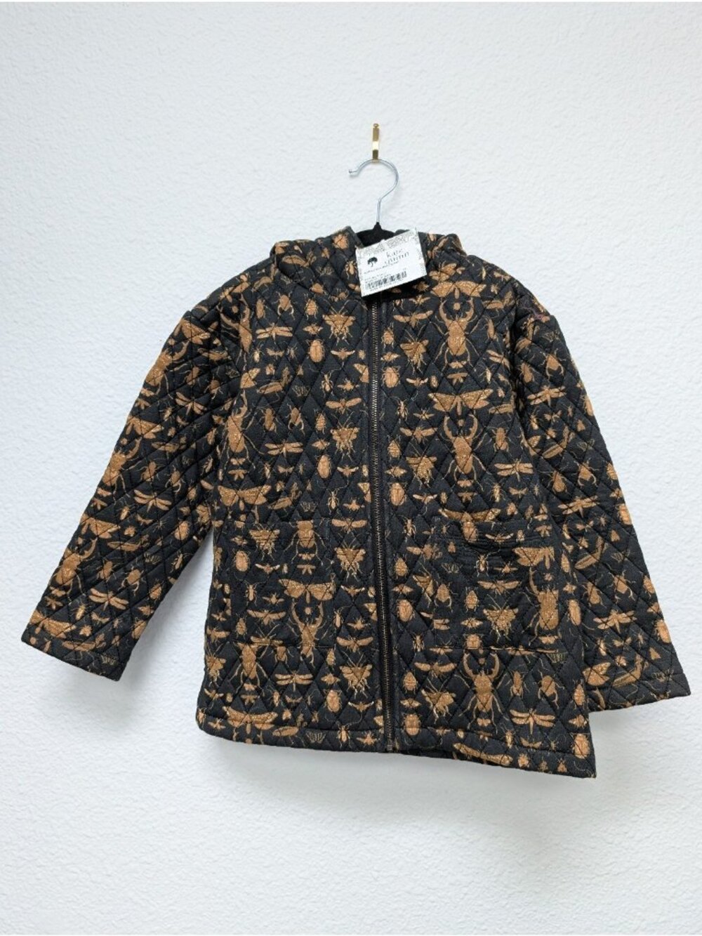 Kate Quinn Bamboo Black Gold Bugs Quilted Hooded Jacket 7Y Beluga Insects